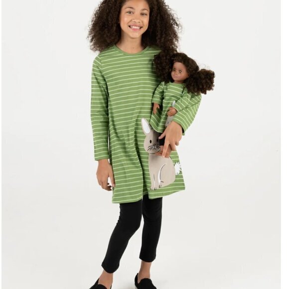 Leveret girls size 10 green stripe bunny cotton long sleeve dress LIKE NEW - Picture 2 of 8